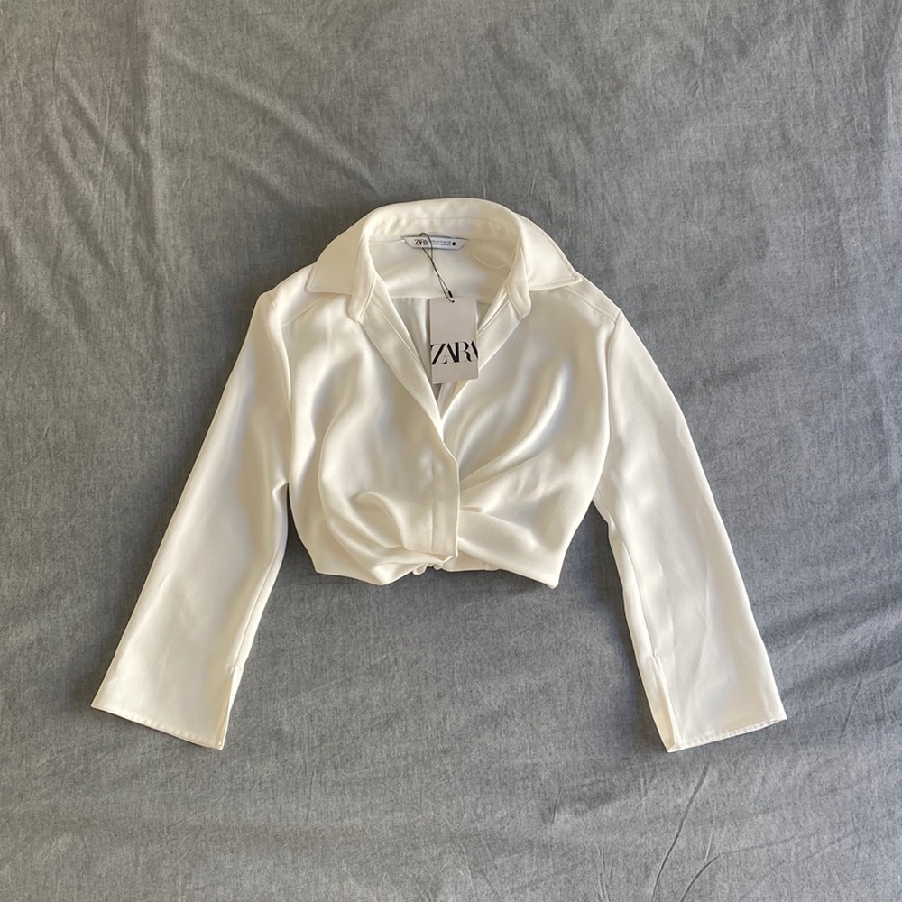 Zara White Cropped Long Sleeve Top